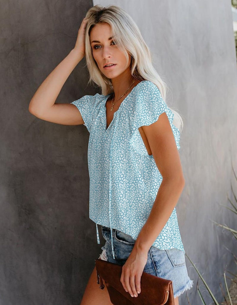 SimpleFun V Neck Blouses for Women Short Sleeve Pleated Back Summer Floral Casual Shirts (Light Green,M) - Image 2