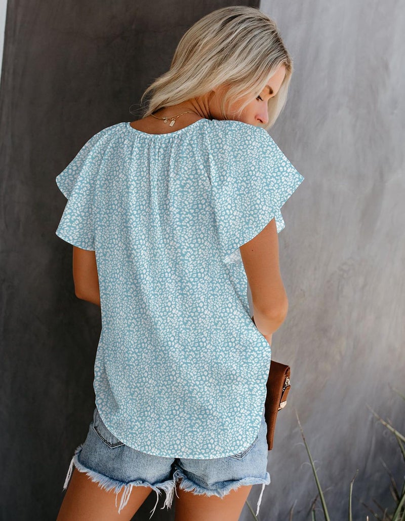 SimpleFun V Neck Blouses for Women Short Sleeve Pleated Back Summer Floral Casual Shirts (Light Green,M) - Image 3