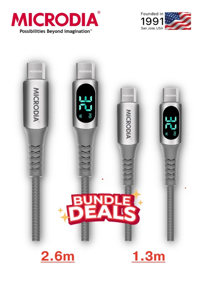 MICRODIA 【MICRODIA】ExeCable Bundle (1.3m & 2.6m)100W USB-C to USB-C Fast Charge Cable with Digital LCD Display, Kevlar Braided  - Silver - Image 1