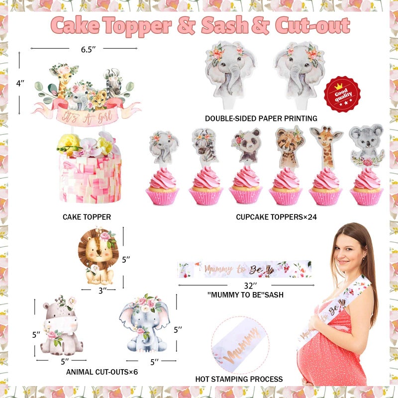 Fiesec Safari Baby Shower Decorations for Girl, Jungle Themed DÃ©cor Backdrop Balloon Garland Arch Artificial Leaves Box Cutout Glitter Banner Cake Topper Sash Lion Cheetah Giraffe Pink 140 PCs - Image 4