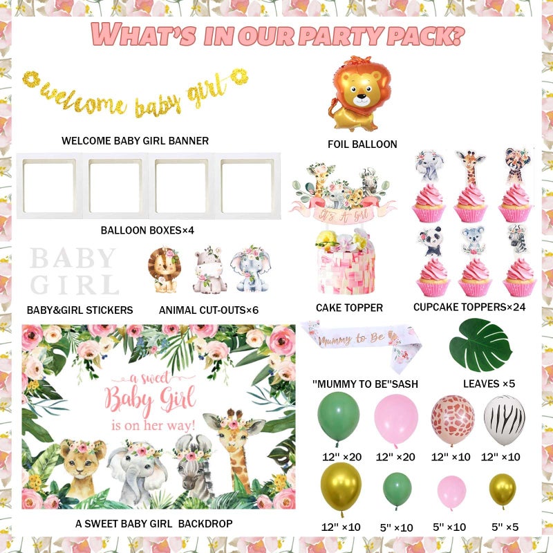 Fiesec Safari Baby Shower Decorations for Girl, Jungle Themed DÃ©cor Backdrop Balloon Garland Arch Artificial Leaves Box Cutout Glitter Banner Cake Topper Sash Lion Cheetah Giraffe Pink 140 PCs - Image 2
