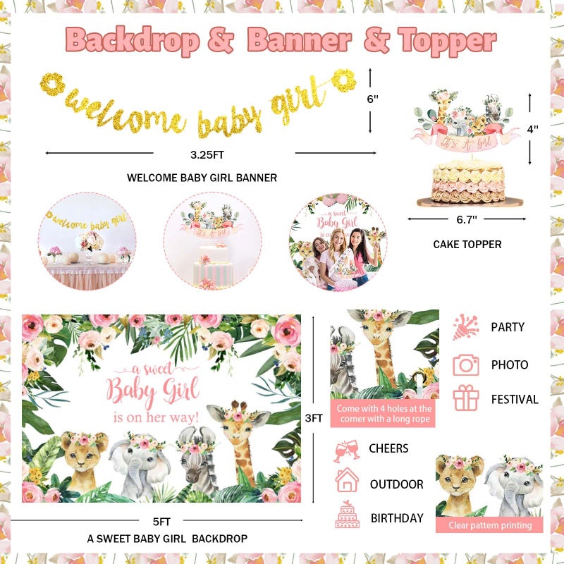 Fiesec Safari Baby Shower Decorations for Girl, Jungle Themed DÃ©cor Backdrop Balloon Garland Arch Artificial Leaves Box Cutout Glitter Banner Cake Topper Sash Lion Cheetah Giraffe Pink 140 PCs - Image 3