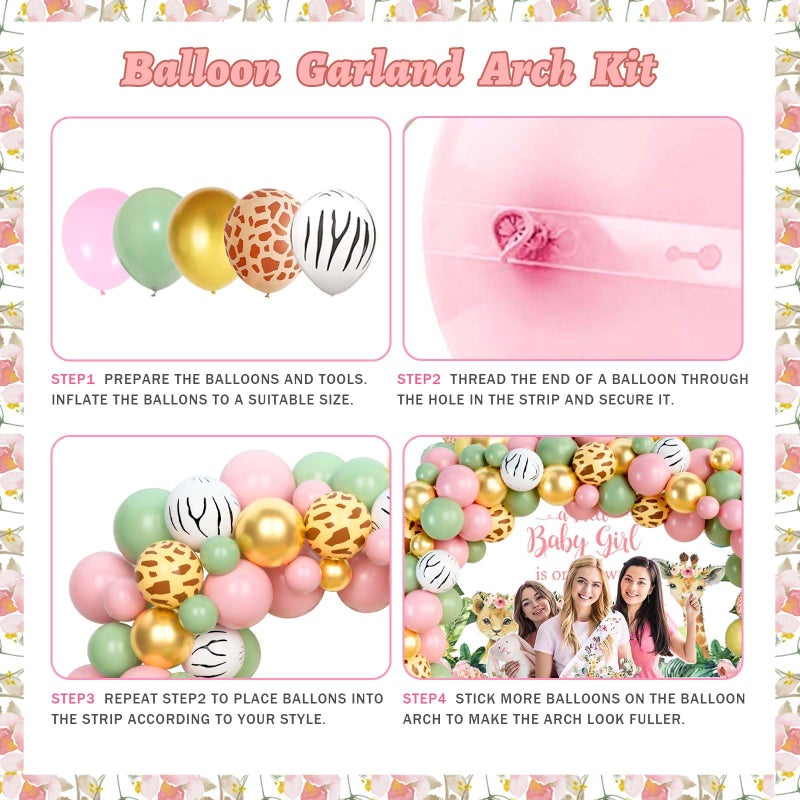 Fiesec Safari Baby Shower Decorations for Girl, Jungle Themed DÃ©cor Backdrop Balloon Garland Arch Artificial Leaves Box Cutout Glitter Banner Cake Topper Sash Lion Cheetah Giraffe Pink 140 PCs - Image 5