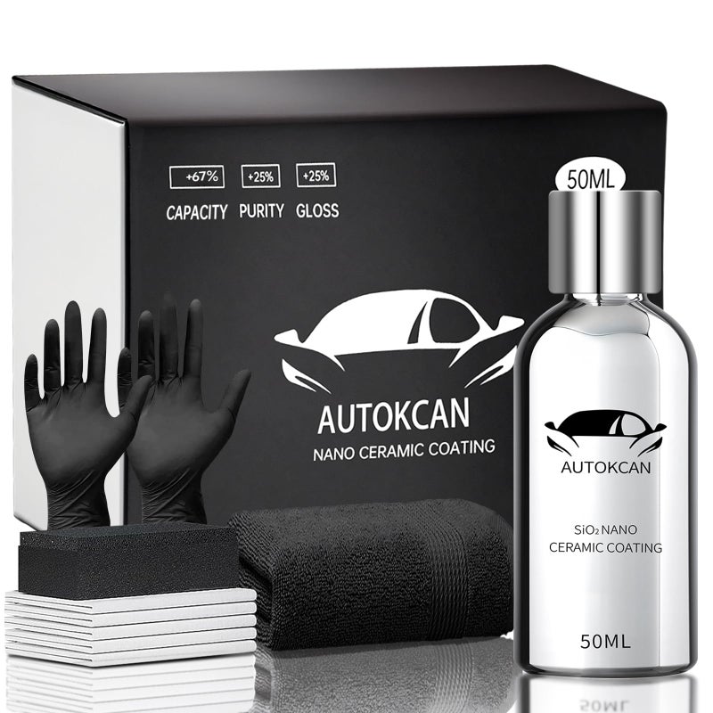 Autokcan Nano Ceramic Coating for Cars 10H High Gloss 50ML AntiScratch SiO2 Ceramic Coating High Hydrophobic Mirror Paint Sealant Protection with Gloves