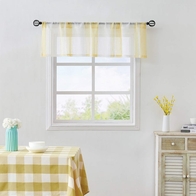 YELLOW AND WHITE KITCHEN WINDOW CURTAIN VALANCE STRIPE SHEER BOUCLE LINEN WINDOW CURTAIN LIVING ROOM DECORATIVE ROD POCKET 54 W X 15 L RUSTIC LIVING PANELS