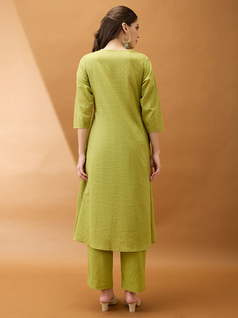 globus Women Green Keyhole Neck Zari Embroidered Yoke Woven Design Pleated A-Line Kurta With Pants Festive Set