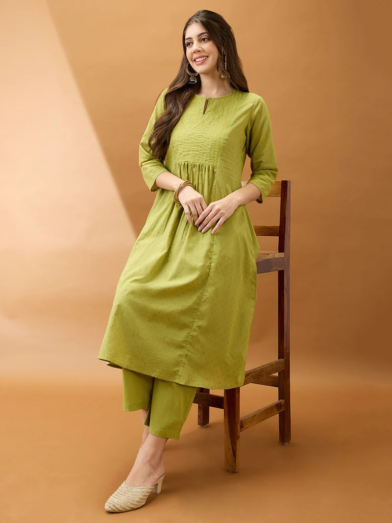 globus Women Green Keyhole Neck Zari Embroidered Yoke Woven Design Pleated A-Line Kurta With Pants Festive Set