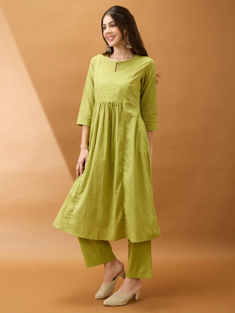 globus Women Green Keyhole Neck Zari Embroidered Yoke Woven Design Pleated A-Line Kurta With Pants Festive Set