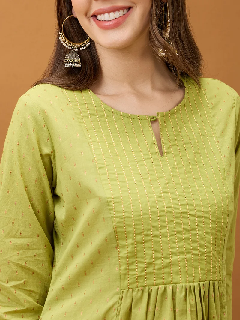 globus Women Green Keyhole Neck Zari Embroidered Yoke Woven Design Pleated A-Line Kurta With Pants Festive Set