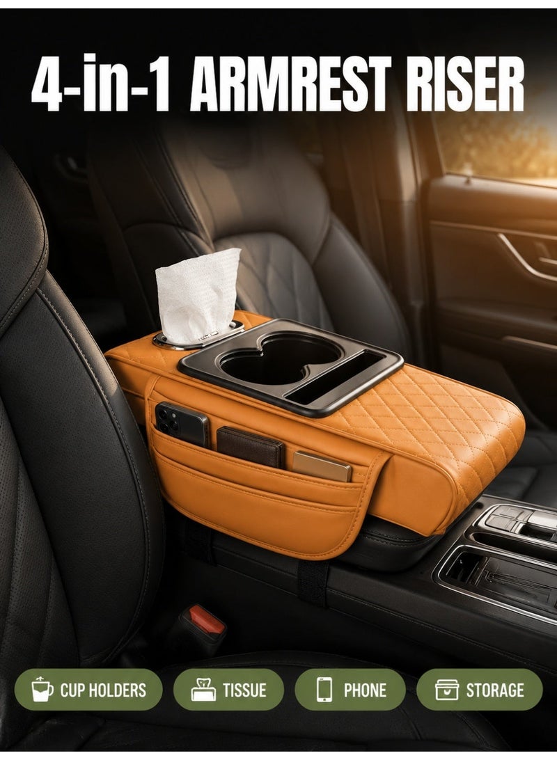 4-in-1 Multifunctional Car Armrest Organizer with Cup Holder & Tissue Box, Quilted Black - Image 1
