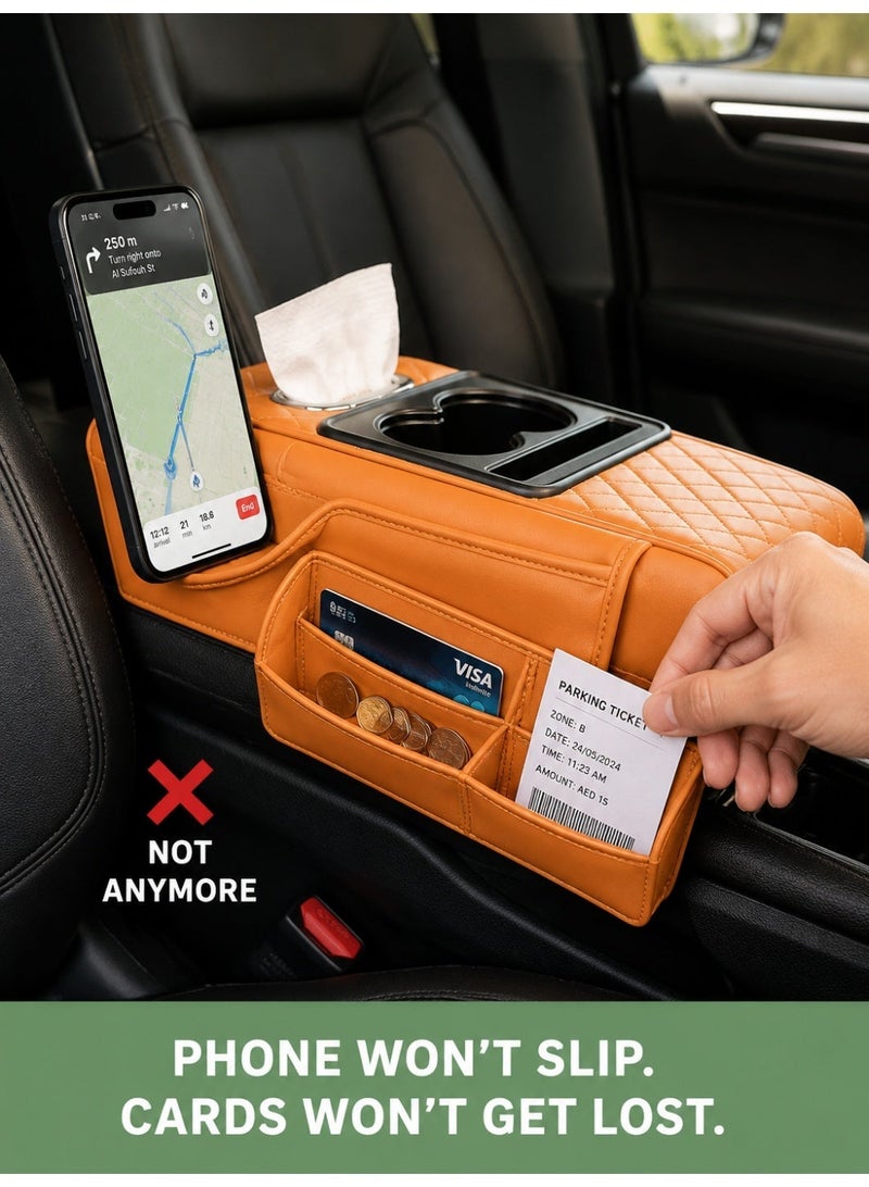 4-in-1 Multifunctional Car Armrest Organizer with Cup Holder & Tissue Box, Quilted Black - Image 3