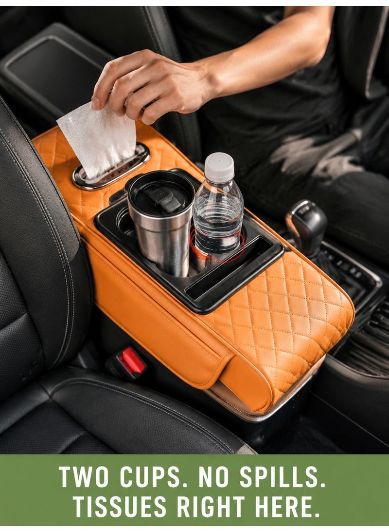 4-in-1 Multifunctional Car Armrest Organizer with Cup Holder & Tissue Box, Quilted Black - Image 2
