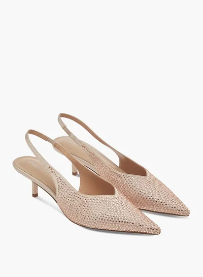 Paprika Women's Embellished Pointed Toe Slingback Slip-On Shoes with Kitten Heels