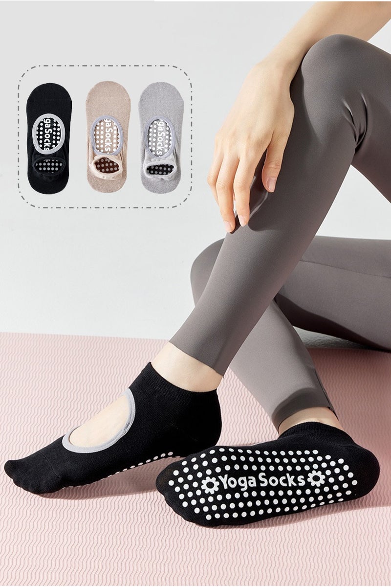 JOYYE 3-Pair Non-slip Yoga Socks, Cotton Pilates Socks with Straps, Breathable&Moisture-wicking&Machine-washable, Ideal for Yoga/Pilates/Ballet/Dance/Workout (Khaki+Black+Grey) - Image 1