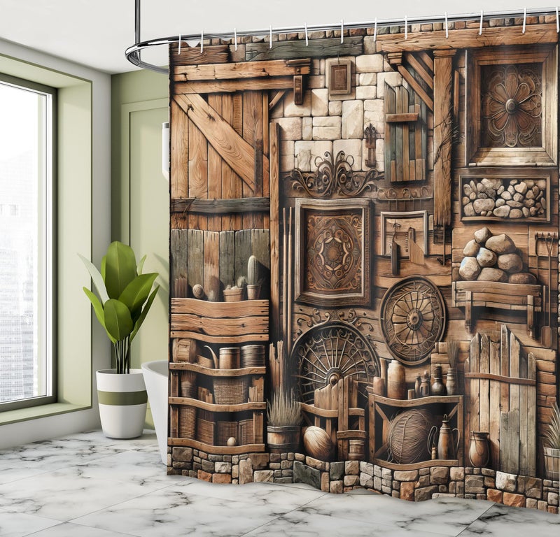 أمبيسون Ambesonne Rustic Shower Startained و Grunge Look Look Oregal Time Cottage Comple - Image 2