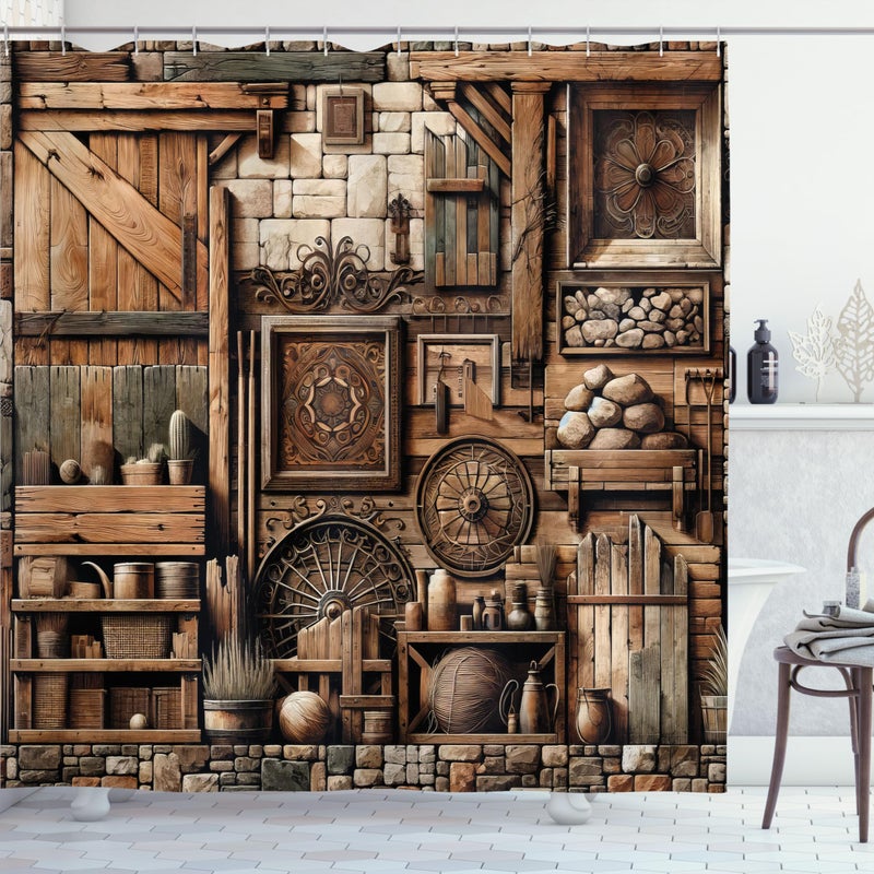 أمبيسون Ambesonne Rustic Shower Startained و Grunge Look Look Oregal Time Cottage Comple - Image 3