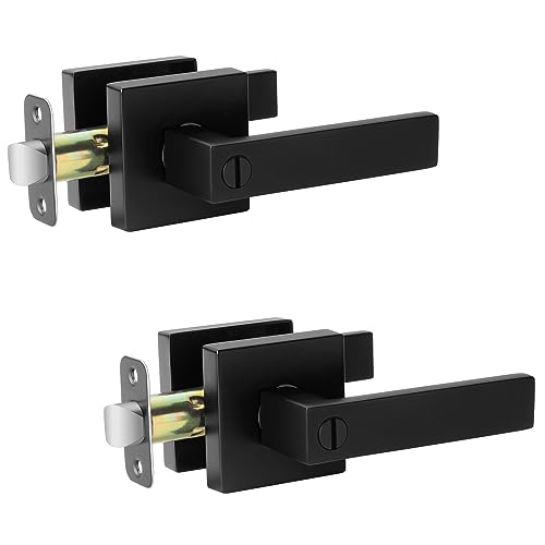AIKKIL Privacy Door Handle Black Keyless Door Levers Set (2 Pack), Heavy Duty Interior Door Handles Lock for Bedroom or Bathroom, Square Door Knob with Reversible Handle for Left Right Sided Doors - Image 1
