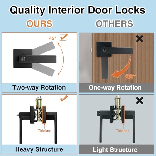 AIKKIL Privacy Door Handle Black Keyless Door Levers Set (2 Pack), Heavy Duty Interior Door Handles Lock for Bedroom or Bathroom, Square Door Knob with Reversible Handle for Left Right Sided Doors - Image 4