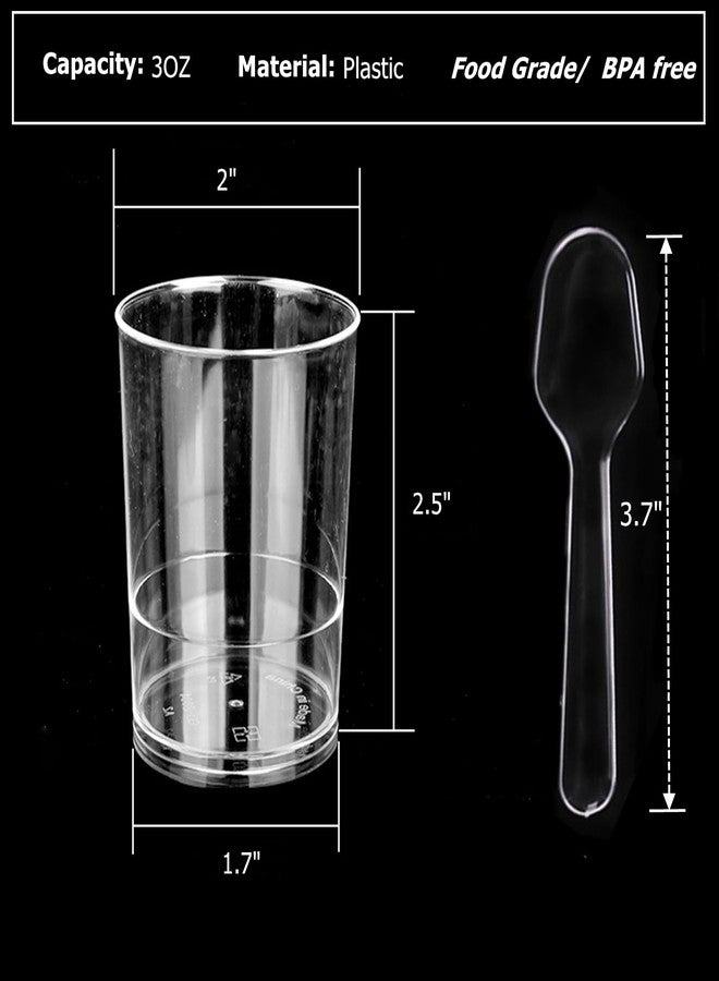 CEZOOWYEX 100 Pack Mini Dessert Cups, 3oz Clear Shooter Cups with Spoons, Plastic Mousse Cups for Party, Ice Cream, Puddings, Chocolate, Round Appetizer Parfait Tasting Cups - Image 2