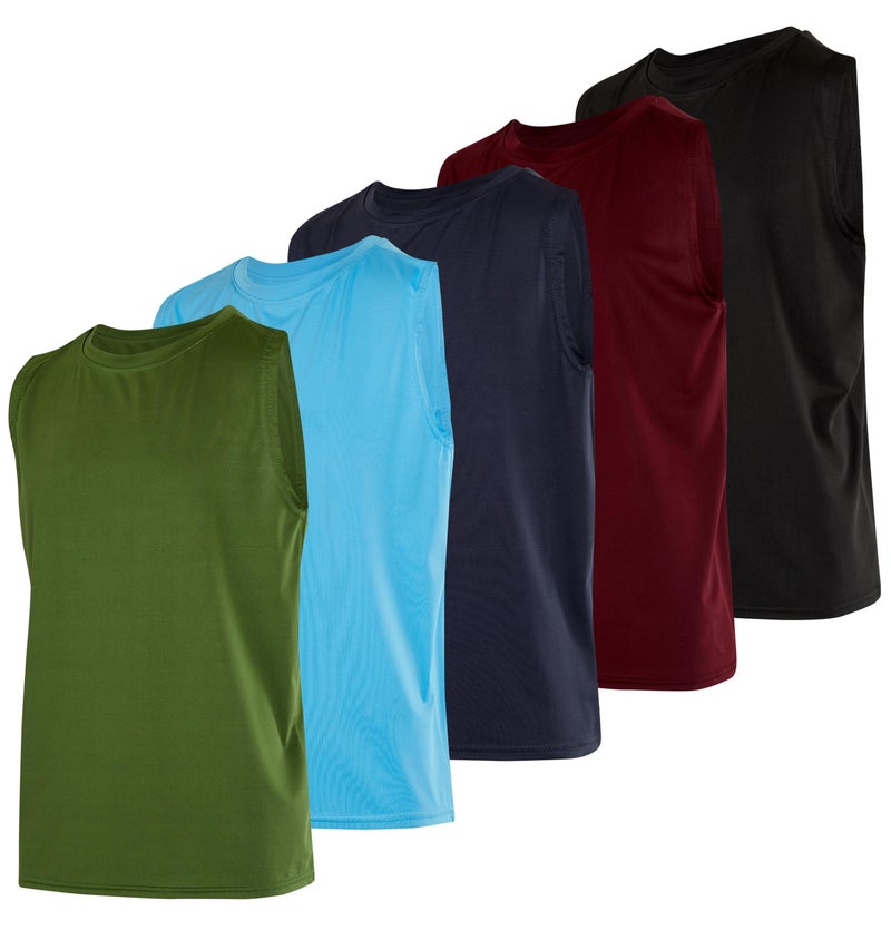 Real Essentials 5 Pack Boys Active Quick Dry Fit Tanks Tops Shirts Boy Tshirts Kids Muscle Tees Summer Sleeveless Sports Gym Workout Running Athletic Undershirt Breathable Hiking Set 5M1012