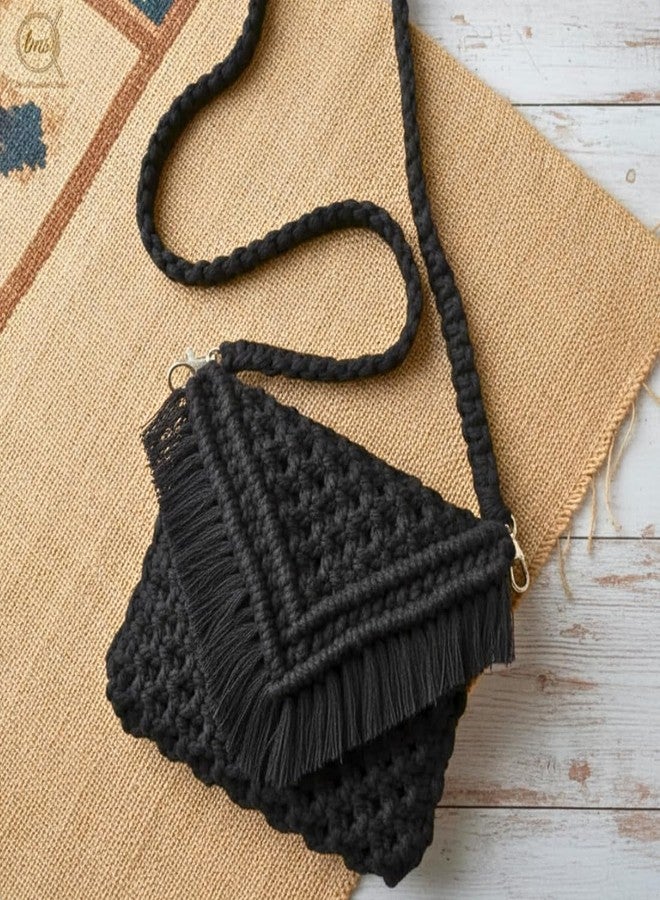 تي إم إس حقيبة كتف من القطن المكرمية المصنوعة يدوياً على الطراز البوهيمي من tms، حقيبة كروسبودي منسوجة، 25.4 × 20.3 سم، حقيبة خفيفة الوزن (أسود) - Image 3