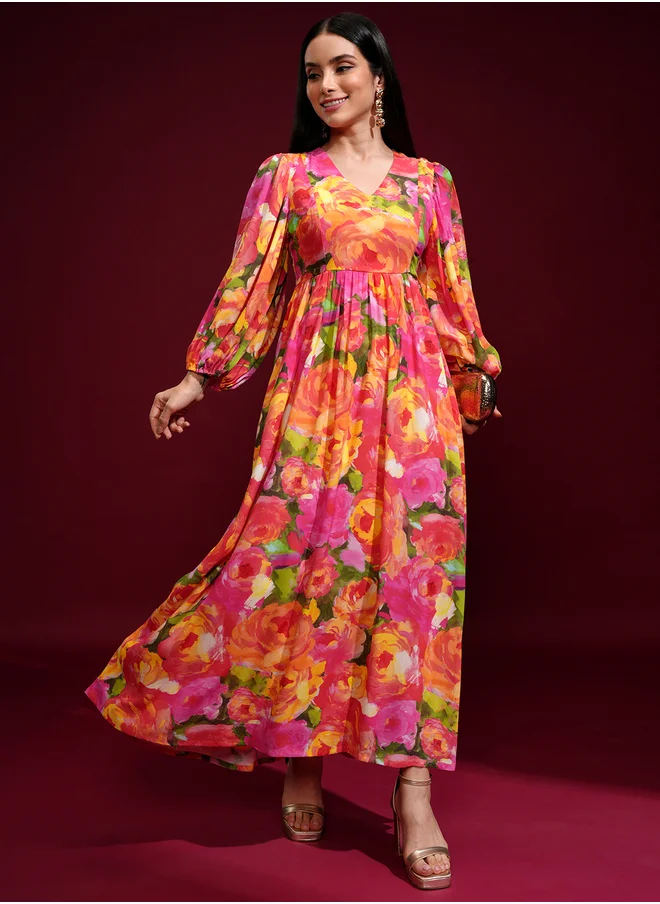 Vishudh Vishudh Women Floral Printed Balloon Sleeves A-Line Maxi Dress
