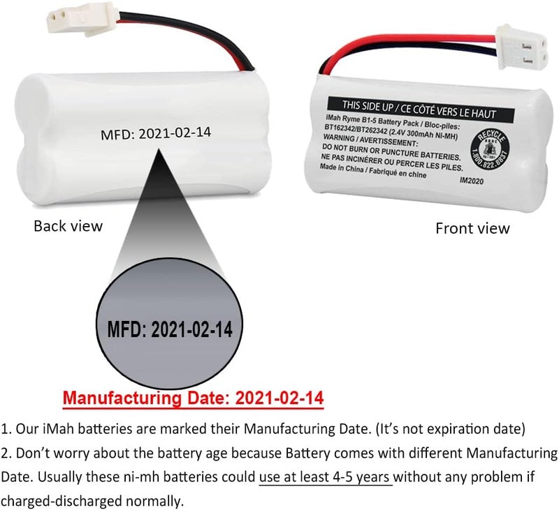 iMah BT162342/BT262342 2.4V 300mAh Ni-MH Cordless Phone Battery Pack, Also Compatible with BT183342/BT283342 AT&T EL52351 TL90070 VTech CS5119 DS6511 DS6722 LS6305 Handset, 4-Pack - Image 2