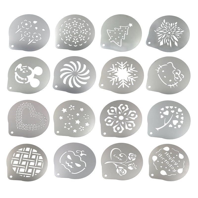 Lofekea Stainless Steel Powder Shakers Coffee Cocoa Cinnamon Shaker Cans Mesh Duster with 16PCS Stainless Steel Barista Coffee Decorating Stencils Template for Latte Cappuccino, Cupcake Stencils - Image 4