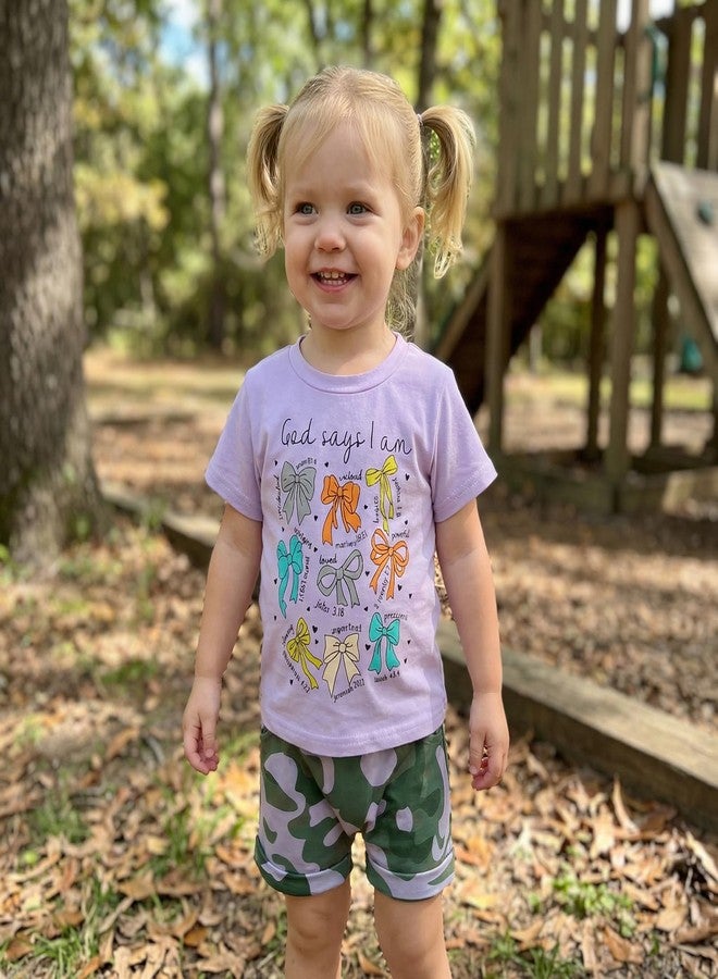 Fernvia Toddler Kids Girl Summer Clothes Bow Print T-Shirt Tops Camouflage Shorts Set 1T 2T 3T 4T 5T Camo Outfits (PURPLE, 4-5T) - Image 2