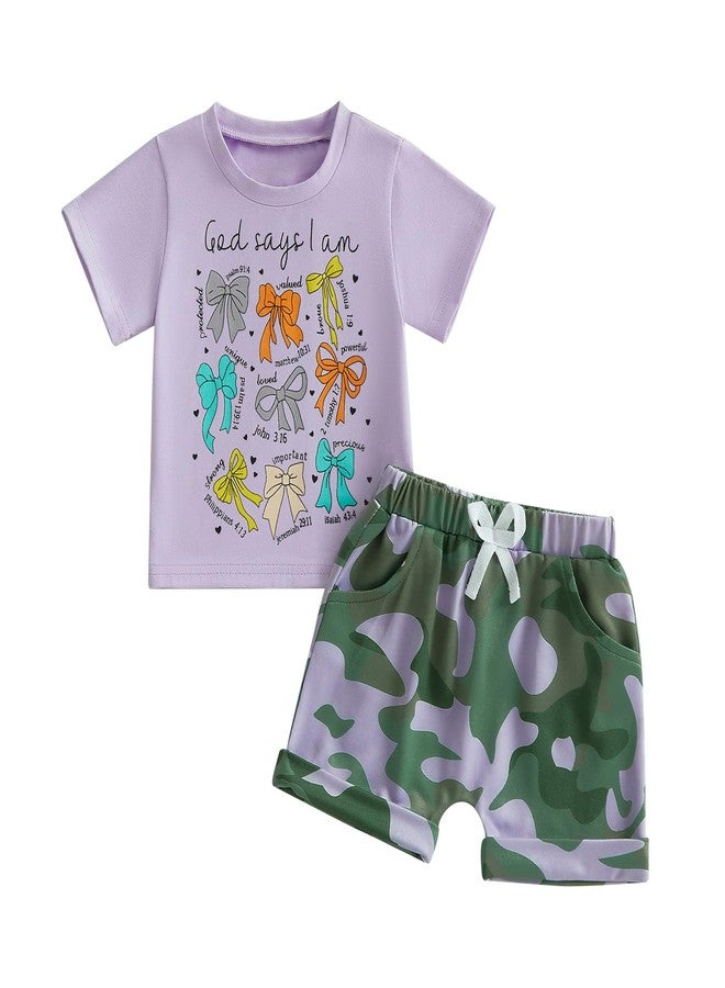 Fernvia Toddler Kids Girl Summer Clothes Bow Print T-Shirt Tops Camouflage Shorts Set 1T 2T 3T 4T 5T Camo Outfits (PURPLE, 4-5T) - Image 1