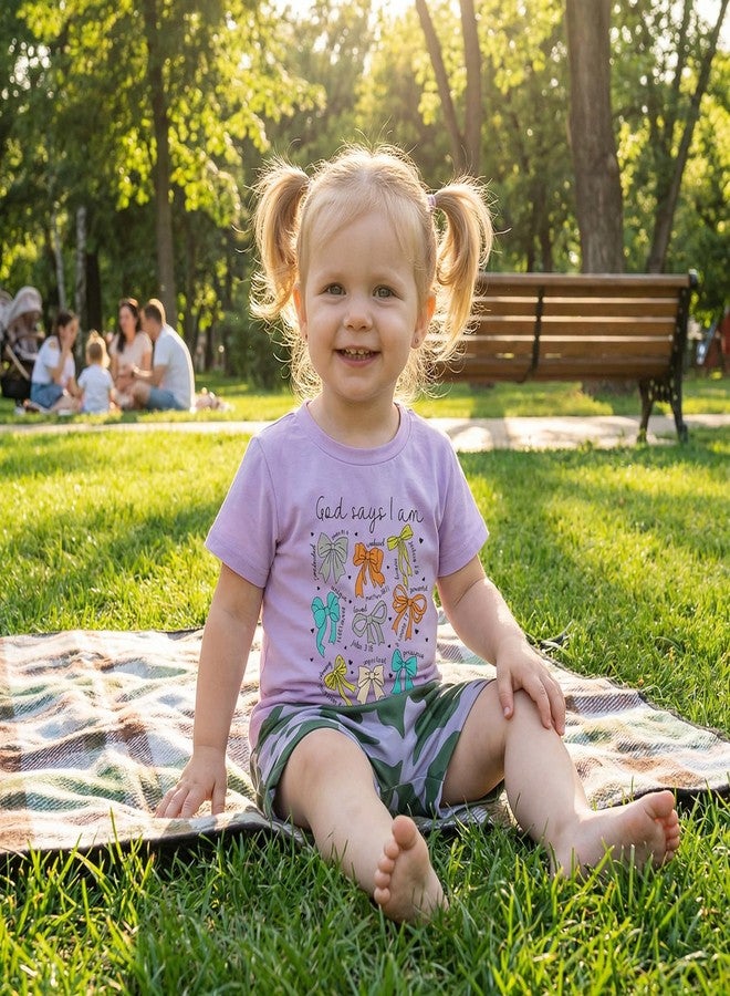 Fernvia Toddler Kids Girl Summer Clothes Bow Print T-Shirt Tops Camouflage Shorts Set 1T 2T 3T 4T 5T Camo Outfits (PURPLE, 4-5T) - Image 3