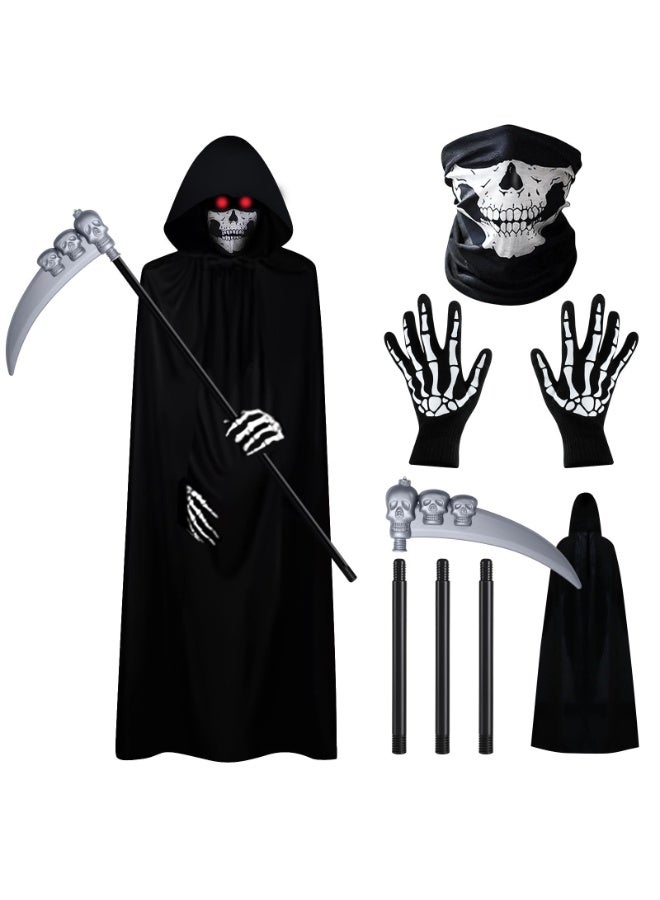 أوشيما 4PCS هالوين القسيم حصاد زي مجموعة، زي كوسبلاي مخيف دعائم كاب روب مع قناع جمجمة قفازات الهيكل العظمي، المخملي مخيف شبح كوسبلاي ملابس كوسبلاي فانسي اللباس مجموعة للرجال والنساء - Image 1