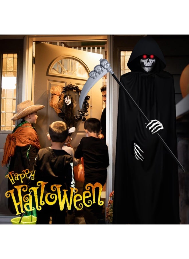 أوشيما 4PCS هالوين القسيم حصاد زي مجموعة، زي كوسبلاي مخيف دعائم كاب روب مع قناع جمجمة قفازات الهيكل العظمي، المخملي مخيف شبح كوسبلاي ملابس كوسبلاي فانسي اللباس مجموعة للرجال والنساء - Image 5