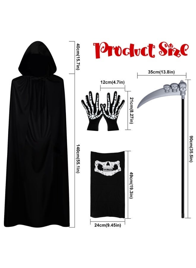 أوشيما 4PCS هالوين القسيم حصاد زي مجموعة، زي كوسبلاي مخيف دعائم كاب روب مع قناع جمجمة قفازات الهيكل العظمي، المخملي مخيف شبح كوسبلاي ملابس كوسبلاي فانسي اللباس مجموعة للرجال والنساء - Image 2