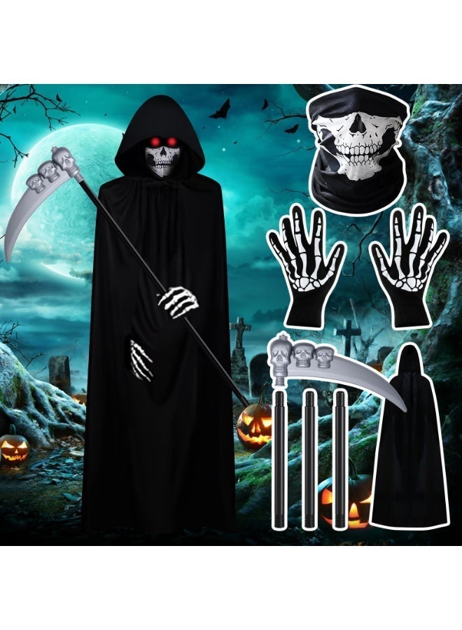 أوشيما 4PCS هالوين القسيم حصاد زي مجموعة، زي كوسبلاي مخيف دعائم كاب روب مع قناع جمجمة قفازات الهيكل العظمي، المخملي مخيف شبح كوسبلاي ملابس كوسبلاي فانسي اللباس مجموعة للرجال والنساء - Image 4