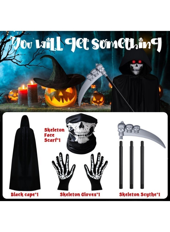 أوشيما 4PCS هالوين القسيم حصاد زي مجموعة، زي كوسبلاي مخيف دعائم كاب روب مع قناع جمجمة قفازات الهيكل العظمي، المخملي مخيف شبح كوسبلاي ملابس كوسبلاي فانسي اللباس مجموعة للرجال والنساء - Image 3