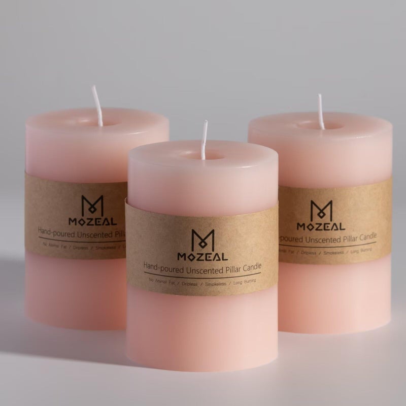 MOZEAL 3" x 4" Hand-Poured Unscented Blush Candle, Dripless Light Pink Pillar Candle Set of 3, Long Clean Burning, Approx 72 Hours Burn Time, Rustic Country Style Decor, Pearl Blush Rose - Image 1