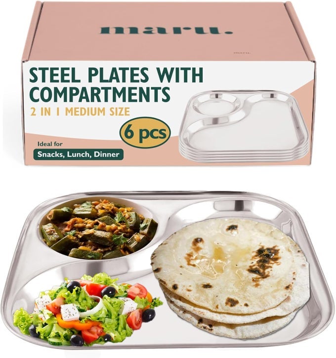 STAINLESS STEEL DINNER PLATES WITH 2IN1 COMPARTMENT SECTION SET OF 6 DURABLE LARGE BHOJAN THALI PLATES PERFECT FOR BREAKFAST LUNCH DINNER IDEAL FOR SERVING INDIAN MEALS LIGHTWEIGHT