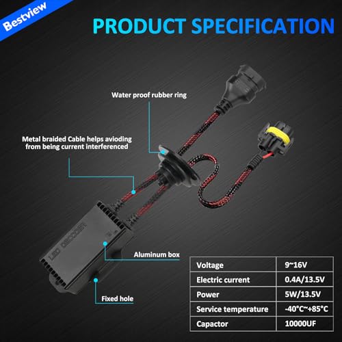 Bestview 2PCS H8 H9 H11 LED Light Canbus Decoder: Anti Flicker Harness, Resistor Decoders Error Free, LED Warning Canceller Resistor Adapter, H8 Canbus Decoder Upgrade with Waterproof Rubber Ring - Image 4
