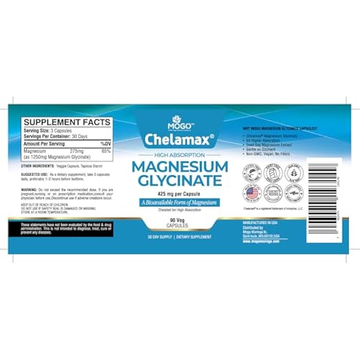 Mogo Chelamax Magnesium Glycinate.Dead Sea Sourced, 100% Chelated Magnesium for Sleep Support, Muscle Cramps, Bone Health. Made in USA, 3rd Party Tested,Heavy Metal Free,Glicinato de Magnesio Capsules. - Image 5