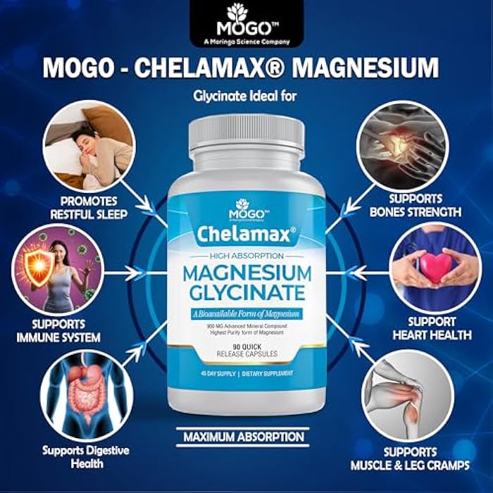 Mogo Chelamax Magnesium Glycinate.Dead Sea Sourced, 100% Chelated Magnesium for Sleep Support, Muscle Cramps, Bone Health. Made in USA, 3rd Party Tested,Heavy Metal Free,Glicinato de Magnesio Capsules. - Image 3