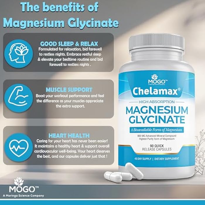 Mogo Chelamax Magnesium Glycinate.Dead Sea Sourced, 100% Chelated Magnesium for Sleep Support, Muscle Cramps, Bone Health. Made in USA, 3rd Party Tested,Heavy Metal Free,Glicinato de Magnesio Capsules. - Image 4