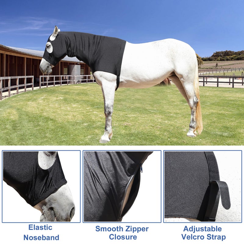 Gallopoff Horse Slinky Hood With Zipper  Stretch Spandex Sleazy Hood For Mane Protection  Breathable Horse Neck Cover For Show Prep  Braids Saver  Sleek Grooming Under Blanket Use Black Large - Image 4