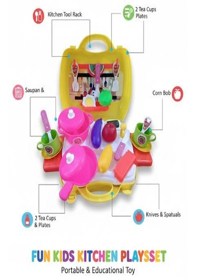 LECRAFT Fun Kids Kitchen Playset, 26 Piece Portable Educational Toy Set with Carrying Case, Colorful Cooking Utensils and Tea Set, 21cm Wide - Image 2