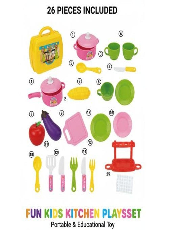 LECRAFT Fun Kids Kitchen Playset, 26 Piece Portable Educational Toy Set with Carrying Case, Colorful Cooking Utensils and Tea Set, 21cm Wide - Image 3