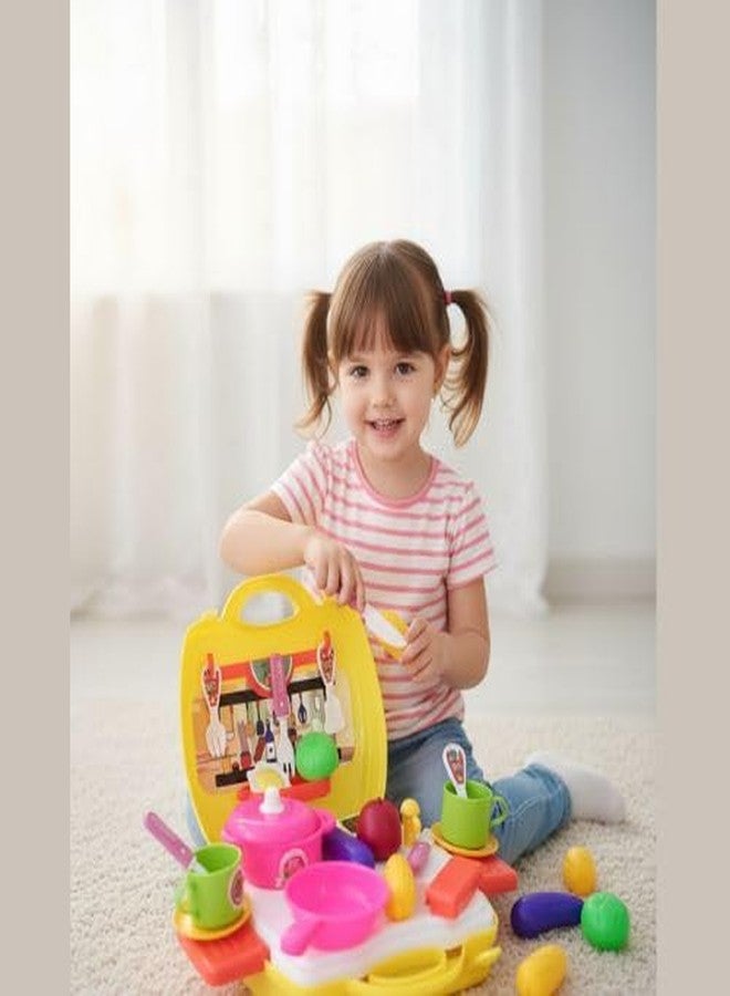 LECRAFT Fun Kids Kitchen Playset, 26 Piece Portable Educational Toy Set with Carrying Case, Colorful Cooking Utensils and Tea Set, 21cm Wide - Image 4