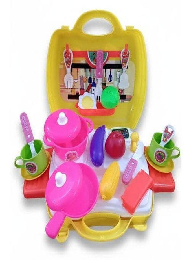 LECRAFT Fun Kids Kitchen Playset, 26 Piece Portable Educational Toy Set with Carrying Case, Colorful Cooking Utensils and Tea Set, 21cm Wide - Image 1