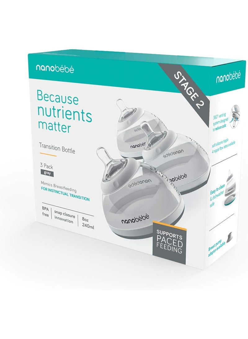Nanobebe Stage 2 Transition Baby Bottle, Easy To Clean, Instinctual & Comfortable, 3-Pack, Grey - Image 2