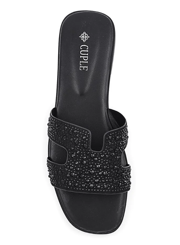Cuple Khaki Cuple Embellished Double Strap Flat Slides for Women | Best Price UAE
