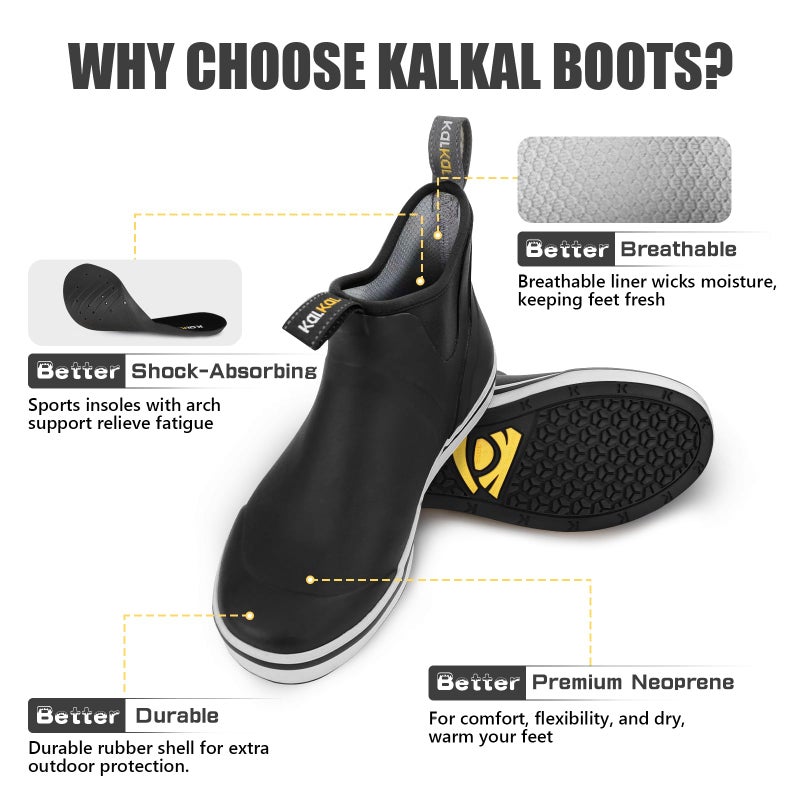 Kalkal Men's Deck Boots Anti-Slip Saltwater Fishing Rain Boots with Memory Foam, Waterproof Rubber Ankle Work Boots for Sailing (Mystery Black, Size9) - Image 5